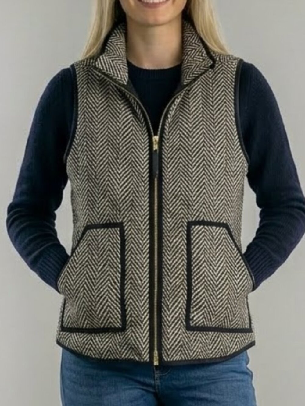 J. Crew Down Puffer Ski Vest Jacket Herringbone Print Full Zip Women's Medium